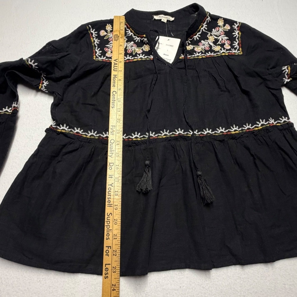 Rebellion Again Peasant Blouse Black Embroidered Cotton Boho Top Womens L NEW - Picture 11 of 11